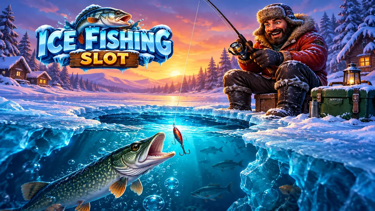 Logo Ice Fishing Slot dengan ikan pike di bawah es