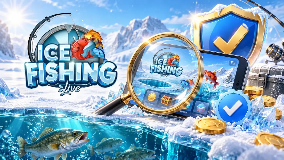Kaca pembesar di atas logo Ice Fishing di samping perisai dengan tanda centang