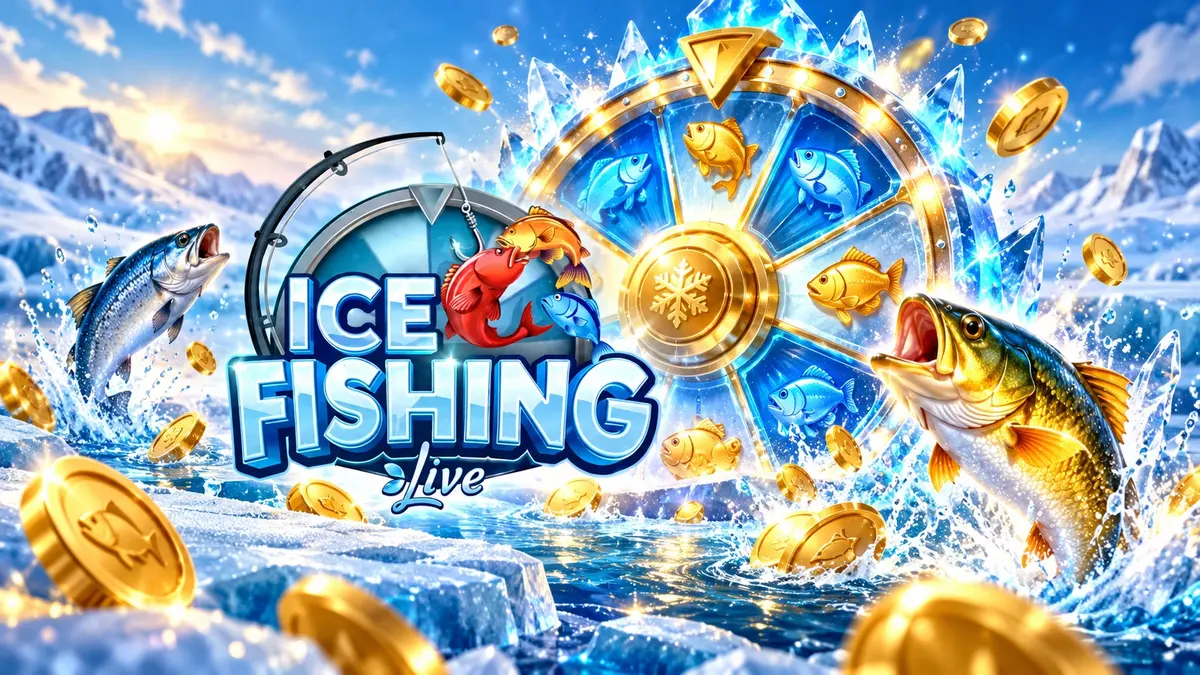 Roda hadiah Ice Fishing Live dengan ikan melompat dan koin emas di atas es