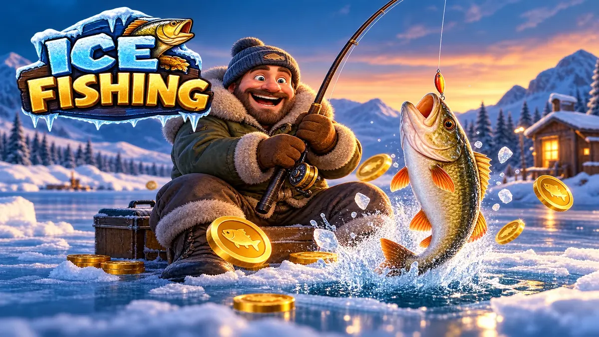 Pemancing tersenyum bertopi bulu di atas es dengan ikan besar dan koin emas