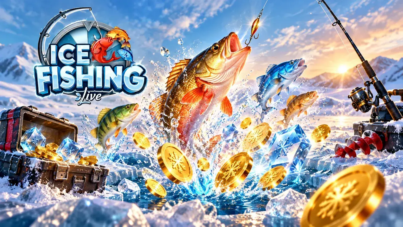 Fish jumping out of an ice hole with a rod and a treasure chest