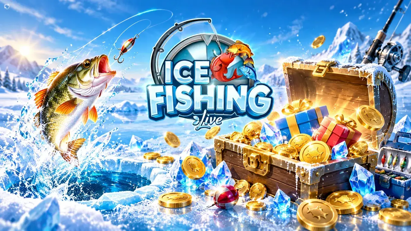 Treasure chest full of gold coins, gifts and ice crystals