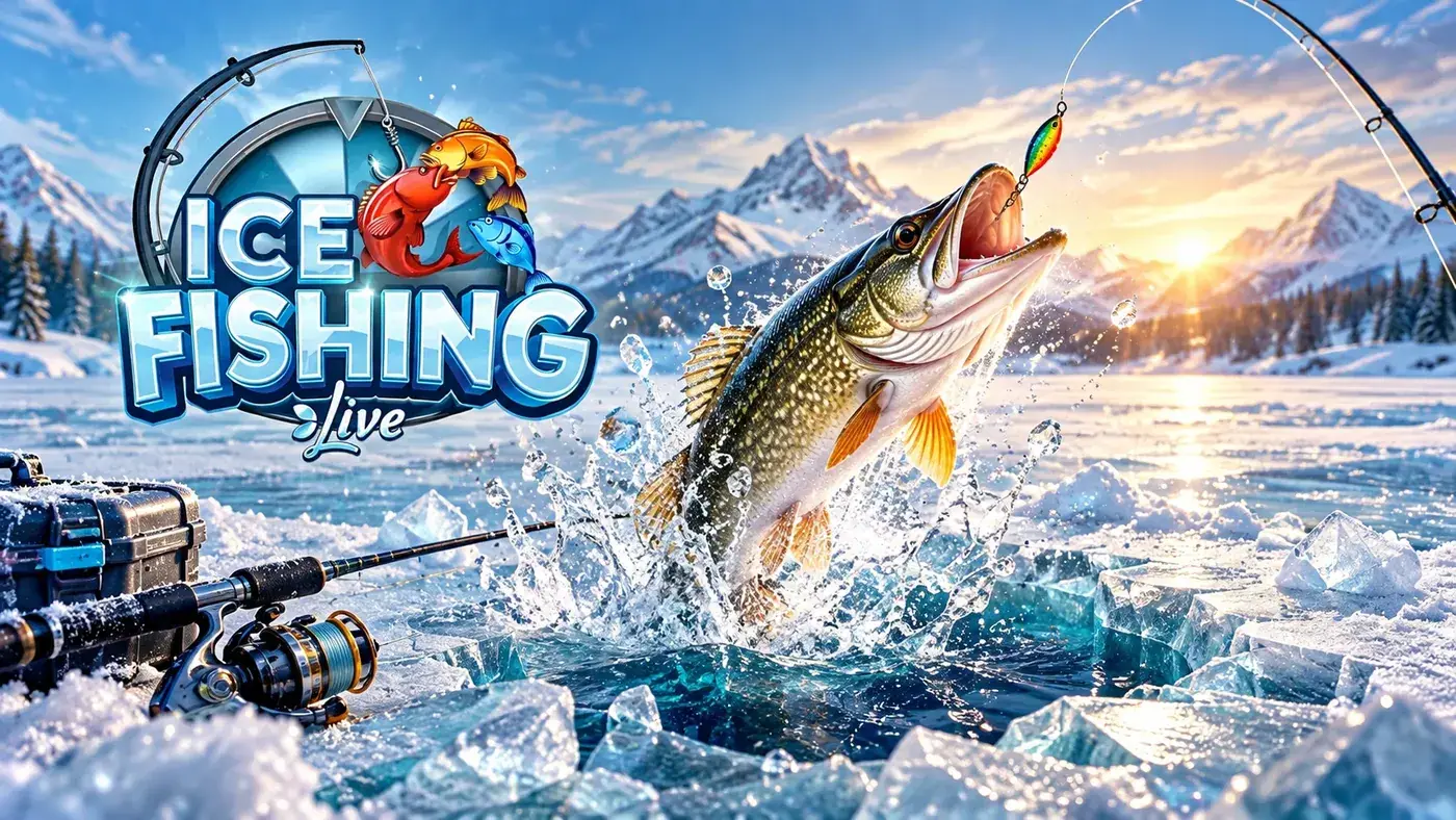 Fish leaping from an ice hole in front of snowy mountains