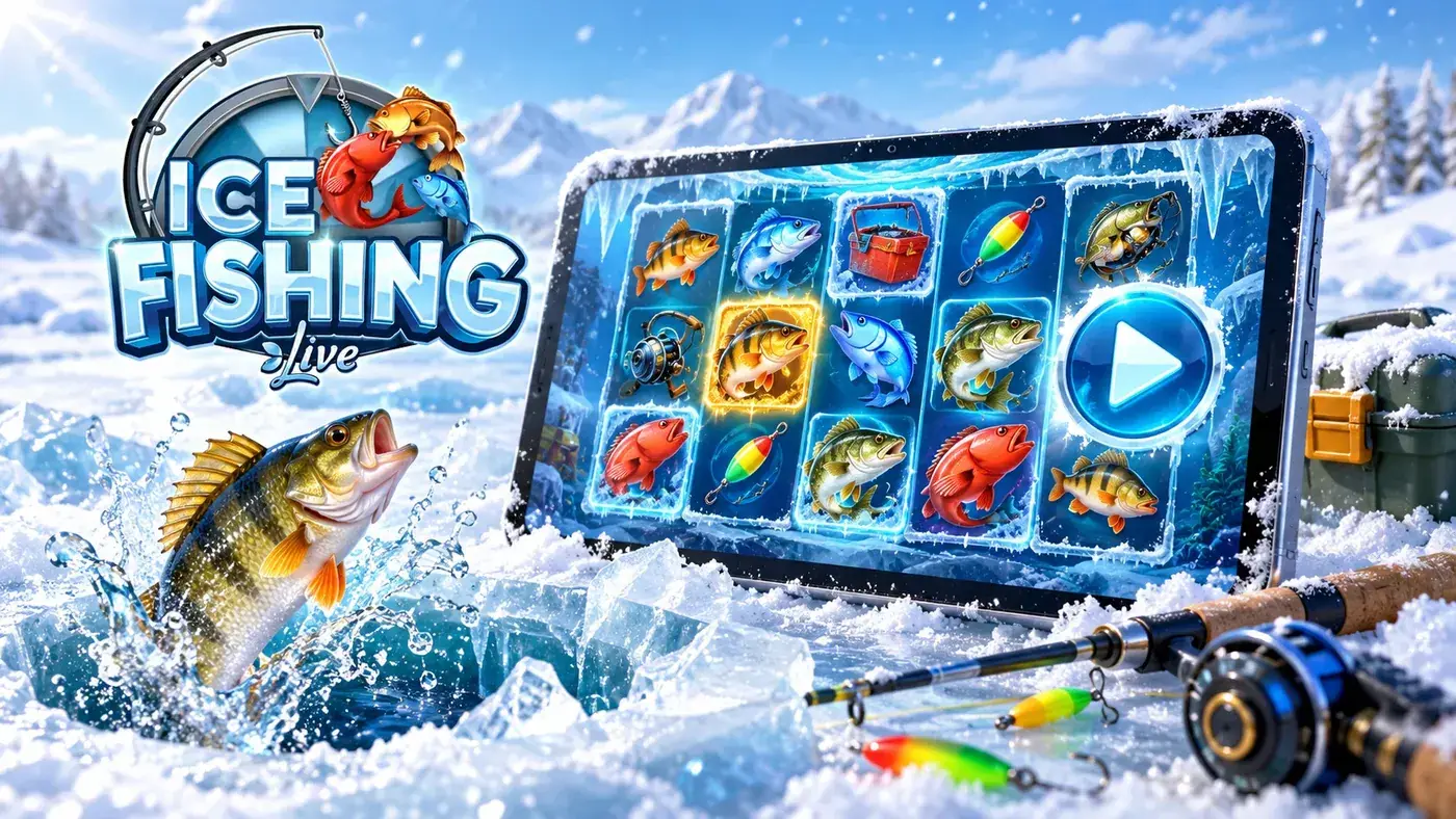 Tablet showing the Ice Fishing game screen on the ice