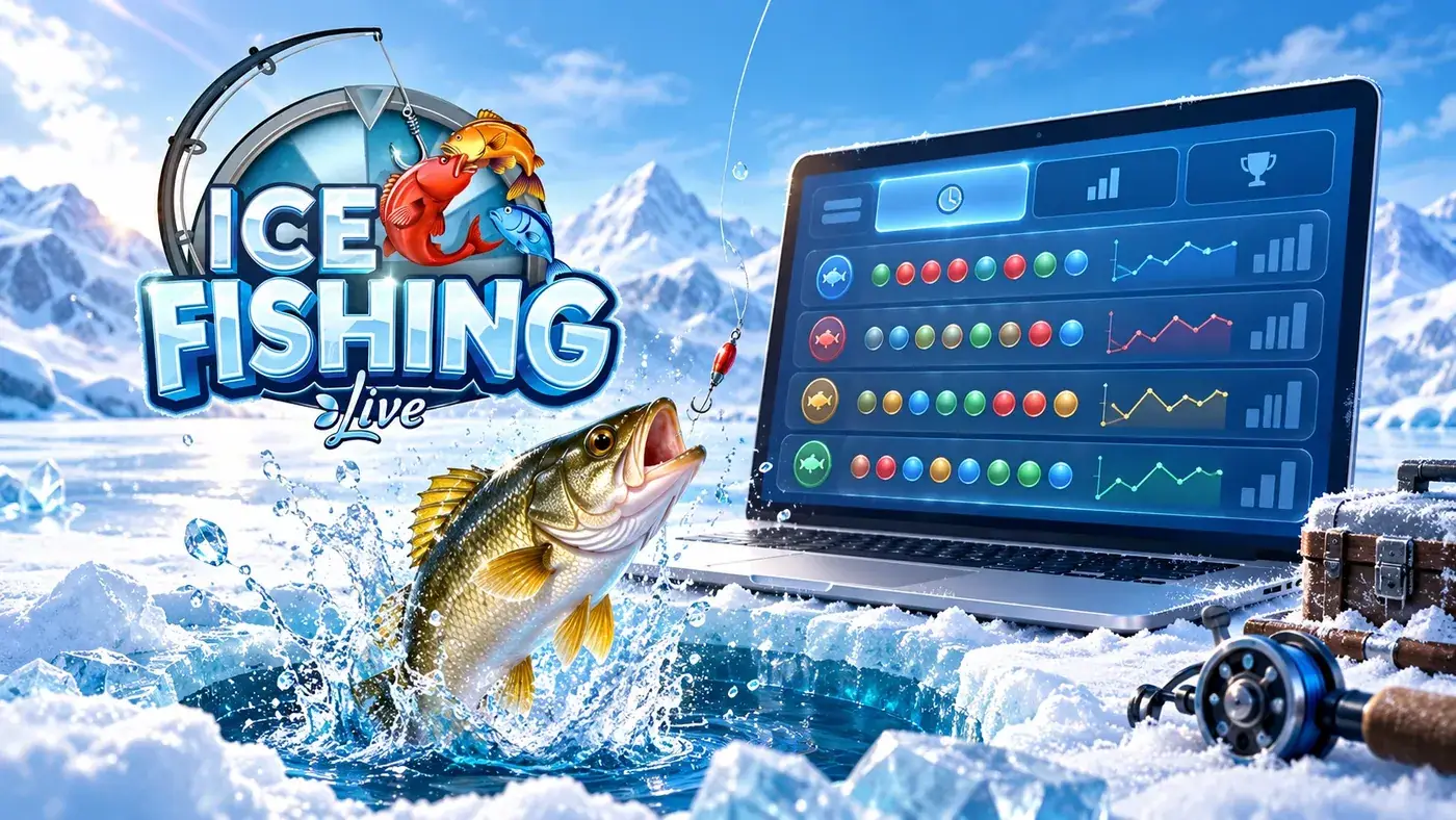 Ice Fishing Live logo with a laptop showing game statistics