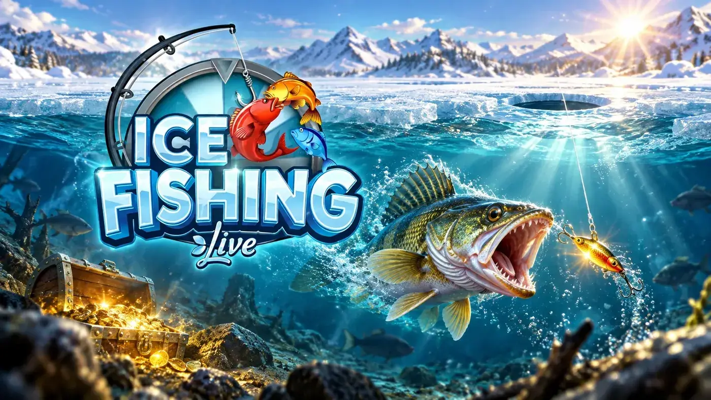 Underwater view of a fish and a treasure chest under the ice