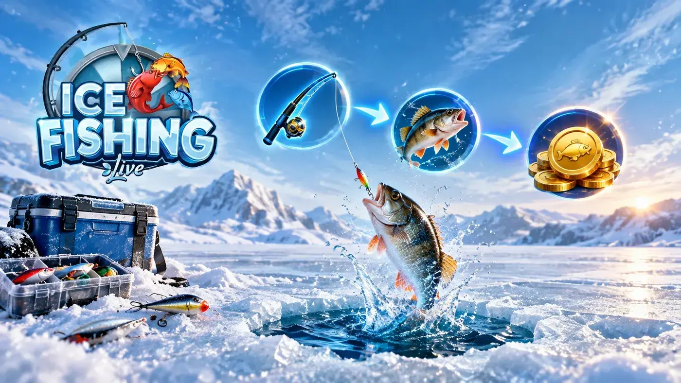 Three steps from fishing rod to fish to gold coin on the ice