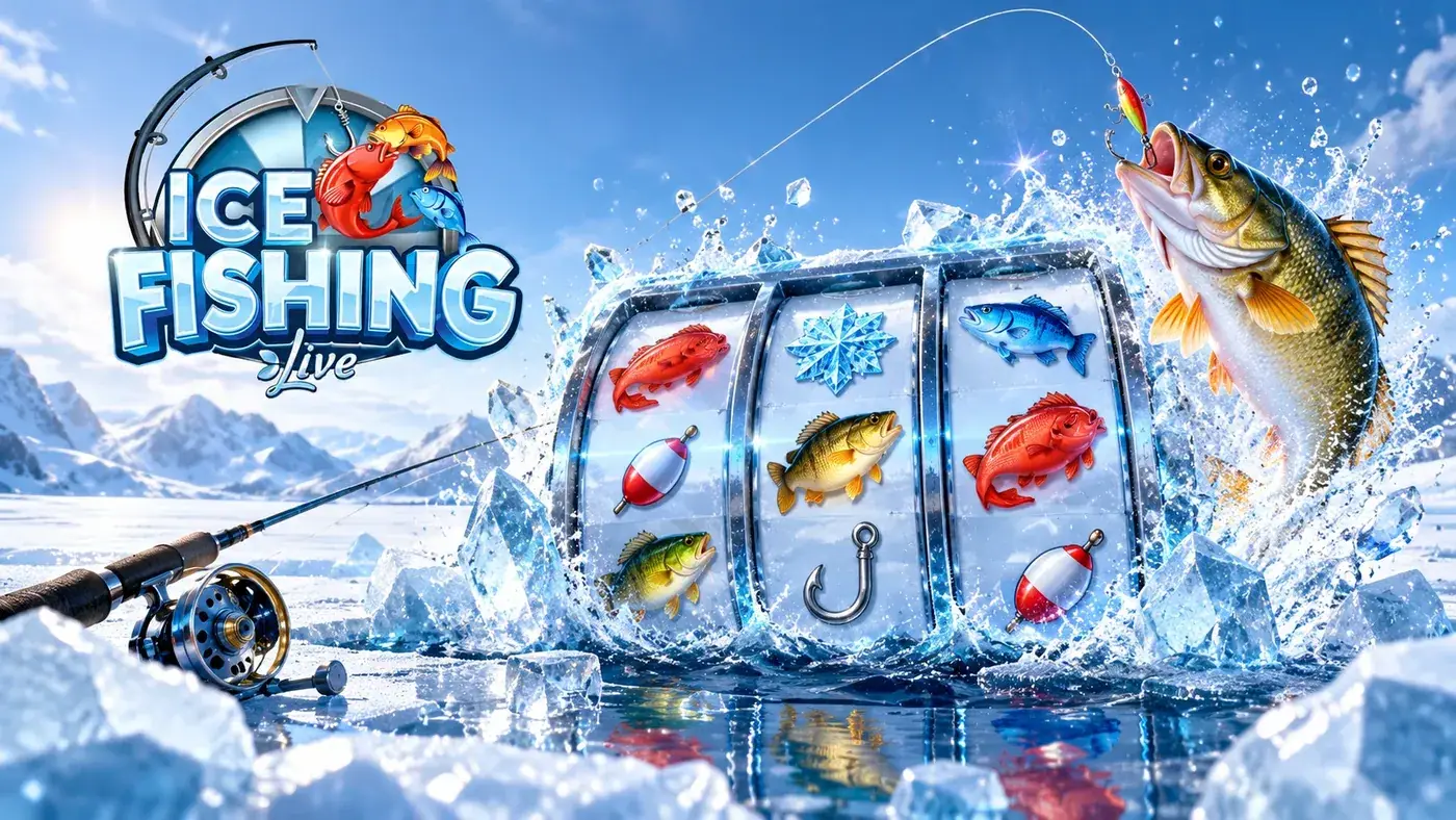 Ice-covered reels with fish symbols and a jumping fish