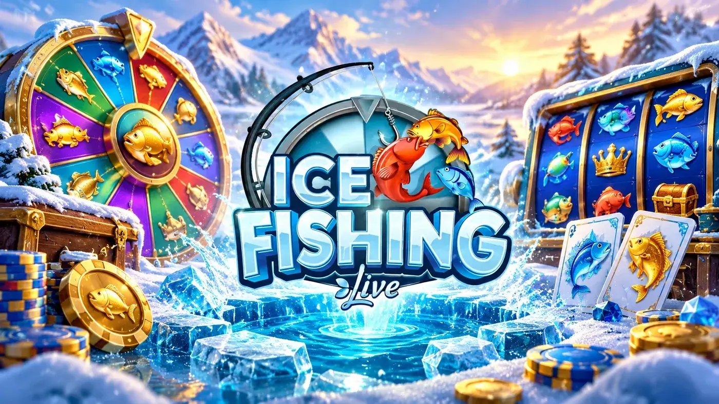 Prize wheel, slot reels, cards and casino chips on the ice