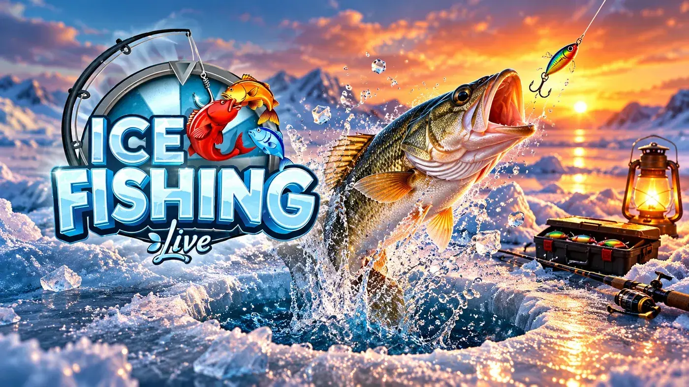 Fish jumping at sunset next to a lantern and a tackle box