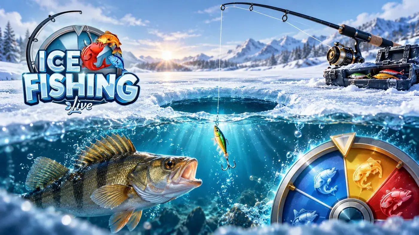 Prize wheel seen from under the ice with a fish and a lure
